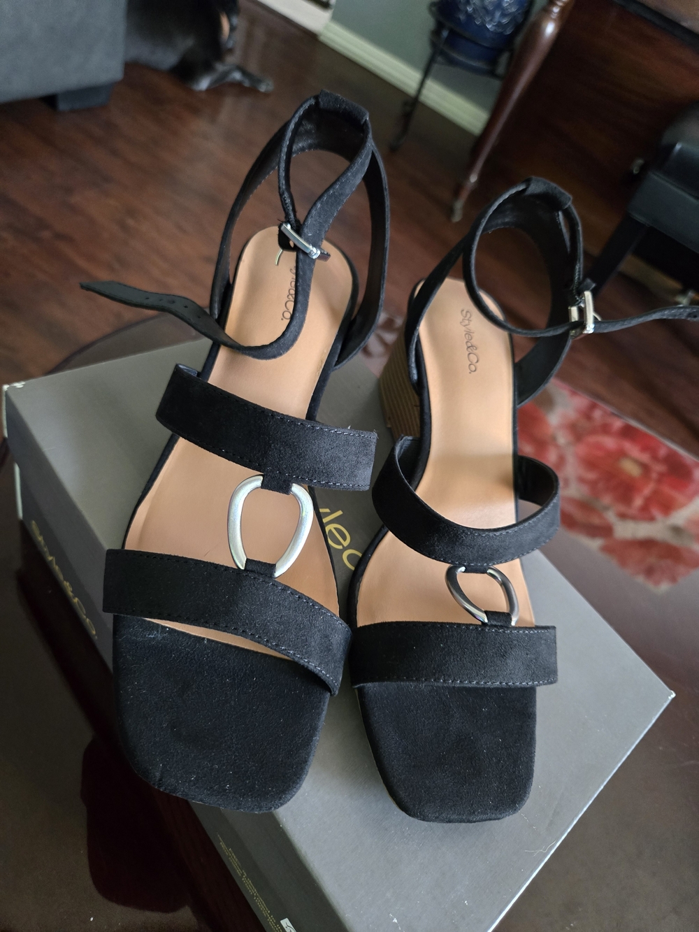 Style & Co. Black Suede Strappy Block Heel Sandals with Silver Ring Detail, 9.5